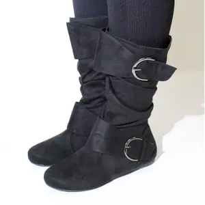 Women's Closed Round Toe Buckle Slouch Flat Heel Mid-Calf Boot