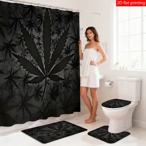 1PC/4PCS  Black Marijuana Leaf Pattern Shower Curtain Set, Personalized Home Bathroom Decoration, Waterproof Fabric Shower Curtain Set with 12 Hooks, Non-slip Bathroom Rug, U-shaped Toilet Mat, Toilet Lid Mat, Bathroom Decor, Holiday Decoration