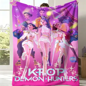 K-Pop Demon Hunters Character Neon Poster Fleece Throw Blanket - Hot Pink-Purple Gradient Starry Background, Main Cast, Anime Idol Girls, Demon Pet Creatures, Iridescent Logo, Kpop Stan Birthday Gift
