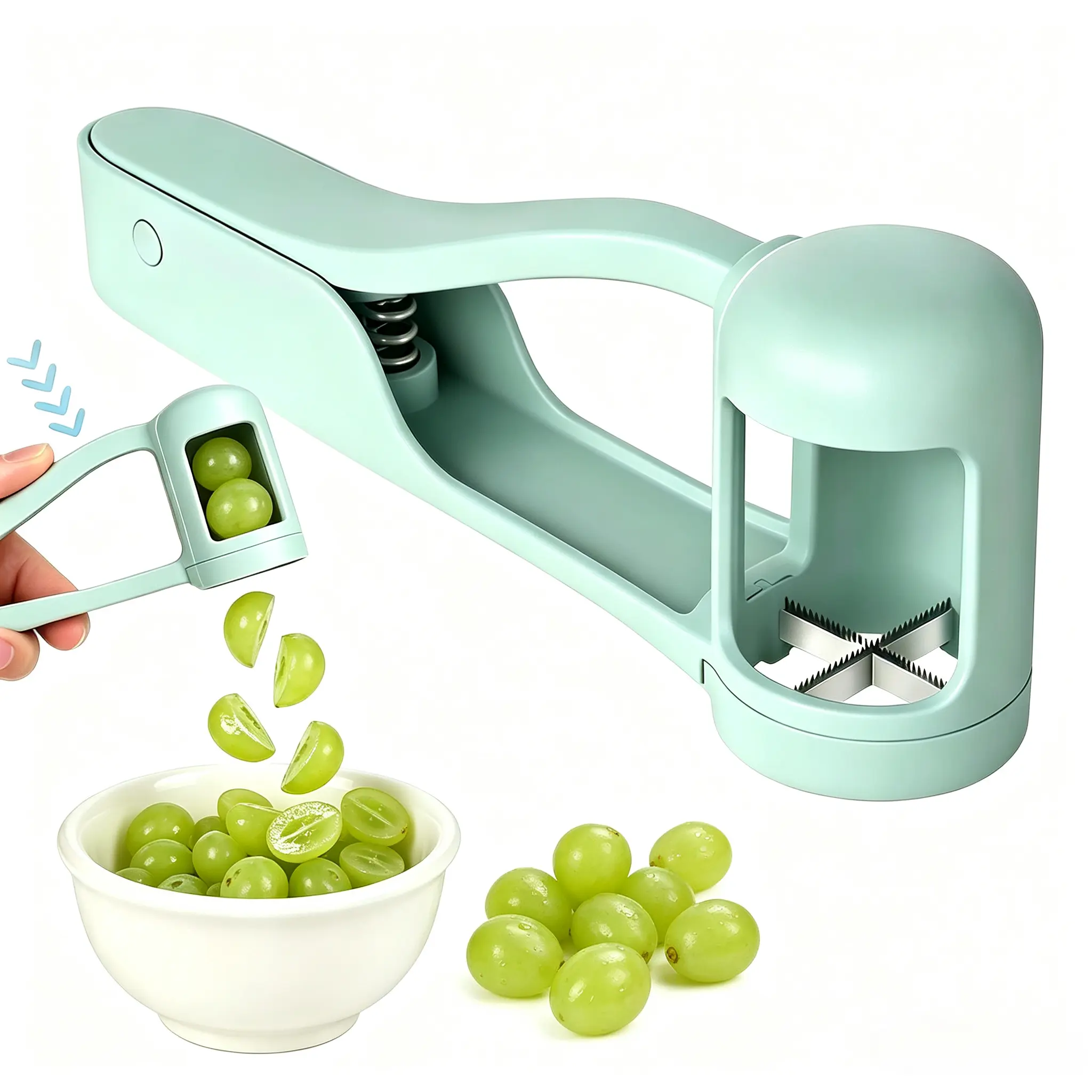 Pastel Blue BPA-Free Grape Slicer, 1-Hand Operated Fruit Cutter with 304 Stainless Steel Serrated Blades, Anti-Choking Toddler Snack Prep Kitchen Gadget for School Lunch Boxes
