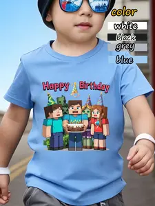 Minecraft Boys Birthday Party Theme T-Shirt, Comfortable Skin-Friendly, Cartoon Print, Short Sleeve, Long Clothing, Sporty Style