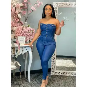 Women's Clothing Sets Summer Denim Stretch Jumpsuit Sexy Women Strapless Bodycon Blue Jeans Casual Overalls RompersGiftGift