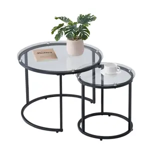 fathersdaygift VEVOR Nesting Coffee Table Set of 2, 23.6 in Round Coffee Table, Glass Nesting Tables for Small Place, Modern End Side Tables Night Stand with Metal Frame, for Living Room, Bedroom, Balcony, Office