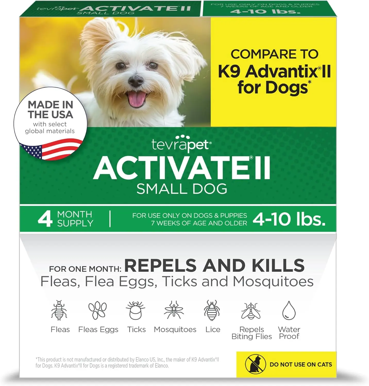 TevraPet Activate II Topical Waterproof Fast-Acting Flea & Tick Prevention Drops - Repels Kills Pests, for Small 4-10lbs Dogs & Puppy Over 7wks, 4-Month Treatment