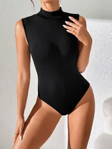 Sporty Women's Fitted Button Mock Neck Sports Bodysuit, Sport Plain Stretchy Sleeveless Tank Bodysuit, Ladies Sportswear for All Seasons