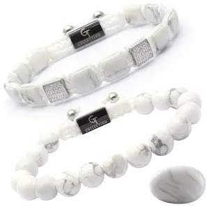 GT Collection 2 Piece Set Howlite Single Bead & Flatbead Bracelet for Men High-End Natural Gemstones Adjustable Cord Energy Bracelet Spiritual Protection Gift