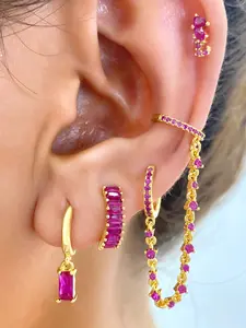 4Pcs Lovely 24K Gold Plated Cubic Zirconia Stud Earrings Set For Women Red Zircon Chain Hoop Earrings Pack Drop Dangle Earrings Stack