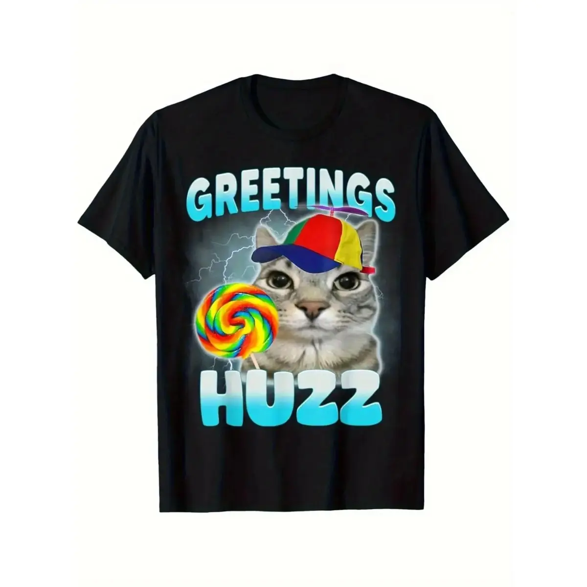 Oversized Aesthetic Graphic Streetwear TeeMen's "Where The Huzz At" Cat Meme Graphic T-Shirt - 100% Cotton Casual Sports Short-Sleeve Crew Neck Top, Normal Type, All Seasons, Regular Size, Slight Fit for Streetwear Menswear, Meme Shirts
