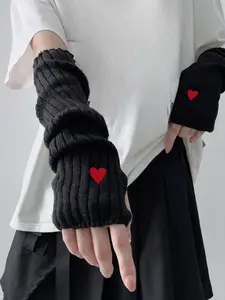 1 Pair Women's Cute Heart Embroidery Gloves, Fashionable Casual Trendy Y2k Knitting Arm Warmers, Fashionable Accessories for Daily Wear Winter Gloves