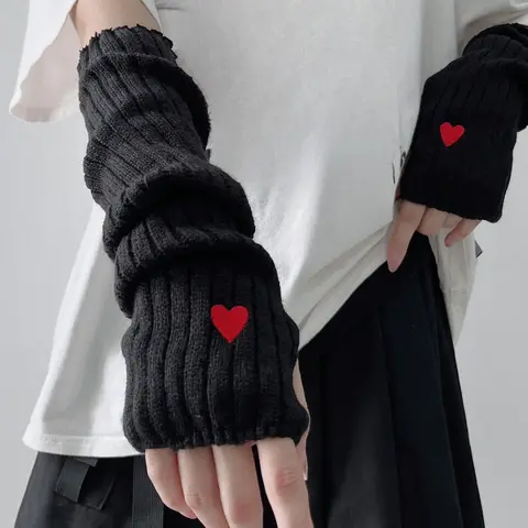 1 Pair Women's Cute Heart Embroidery Gloves, Fashionable Casual Trendy Y2k Knitting Arm Warmers, Fashionable Accessories for Daily Wear Winter Gloves