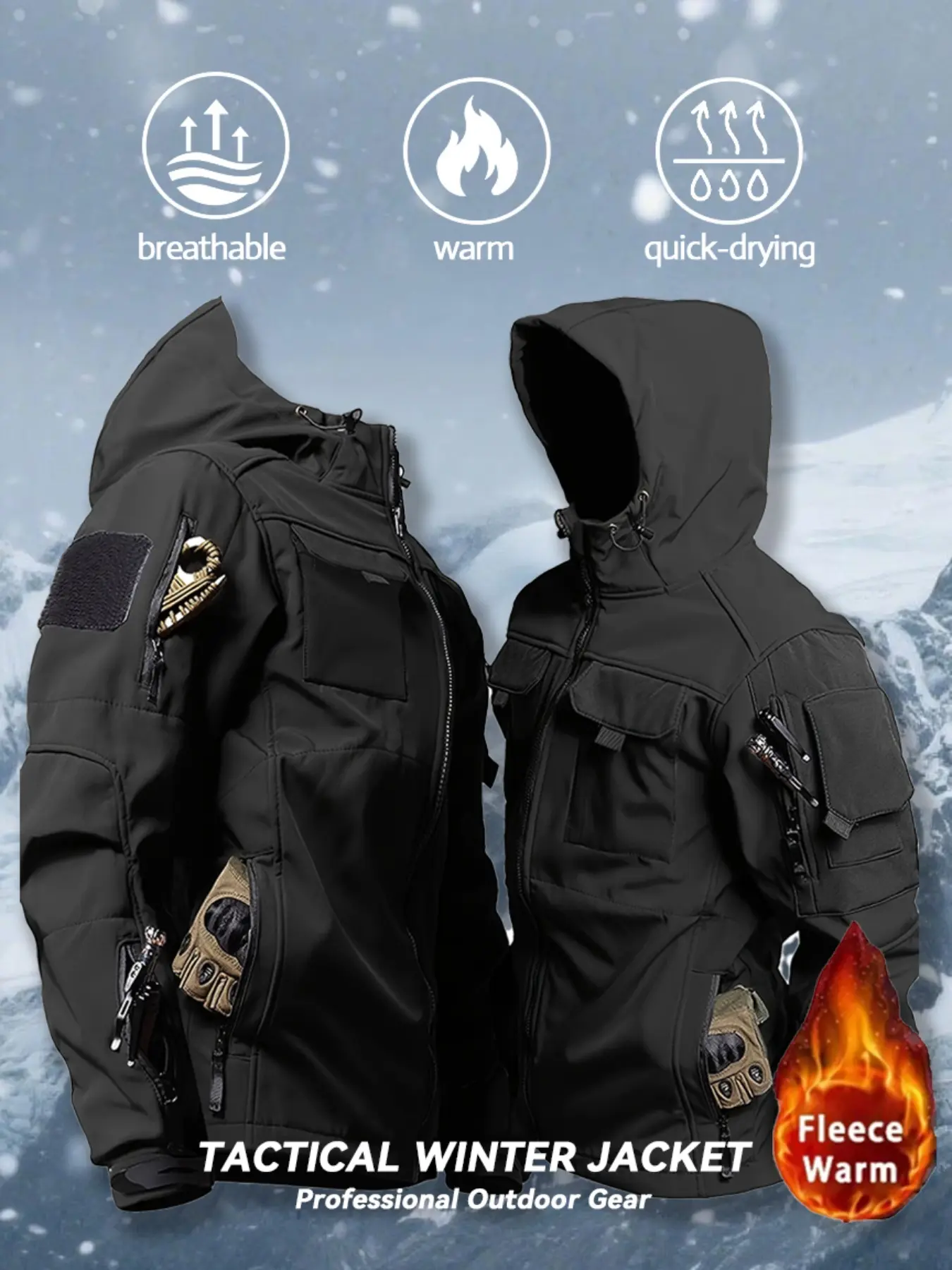 Men's Autumn Winter Fleece Waterproof Tactical Jacket, Multi-Pocket Hooded Zipper Outdoor Hiking Training Casual Coat, Outdoor Sports Outerwear