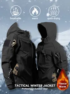 Men's Autumn Winter Fleece Waterproof Tactical Jacket, Multi-Pocket Hooded Zipper Outdoor Hiking Training Casual Athletic Jacket