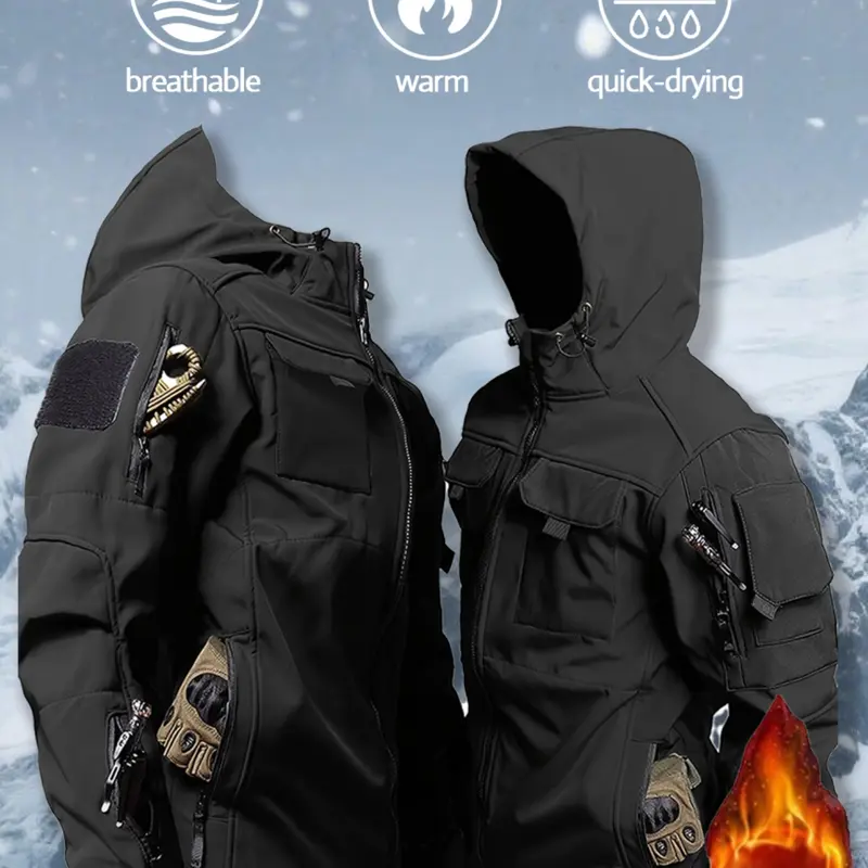 Men's Autumn Winter Fleece Waterproof Tactical Jacket, Multi-Pocket Hooded Zipper Outdoor Hiking Training Casual Coat, Outdoor Sports Outerwear, Outdoor Clothing