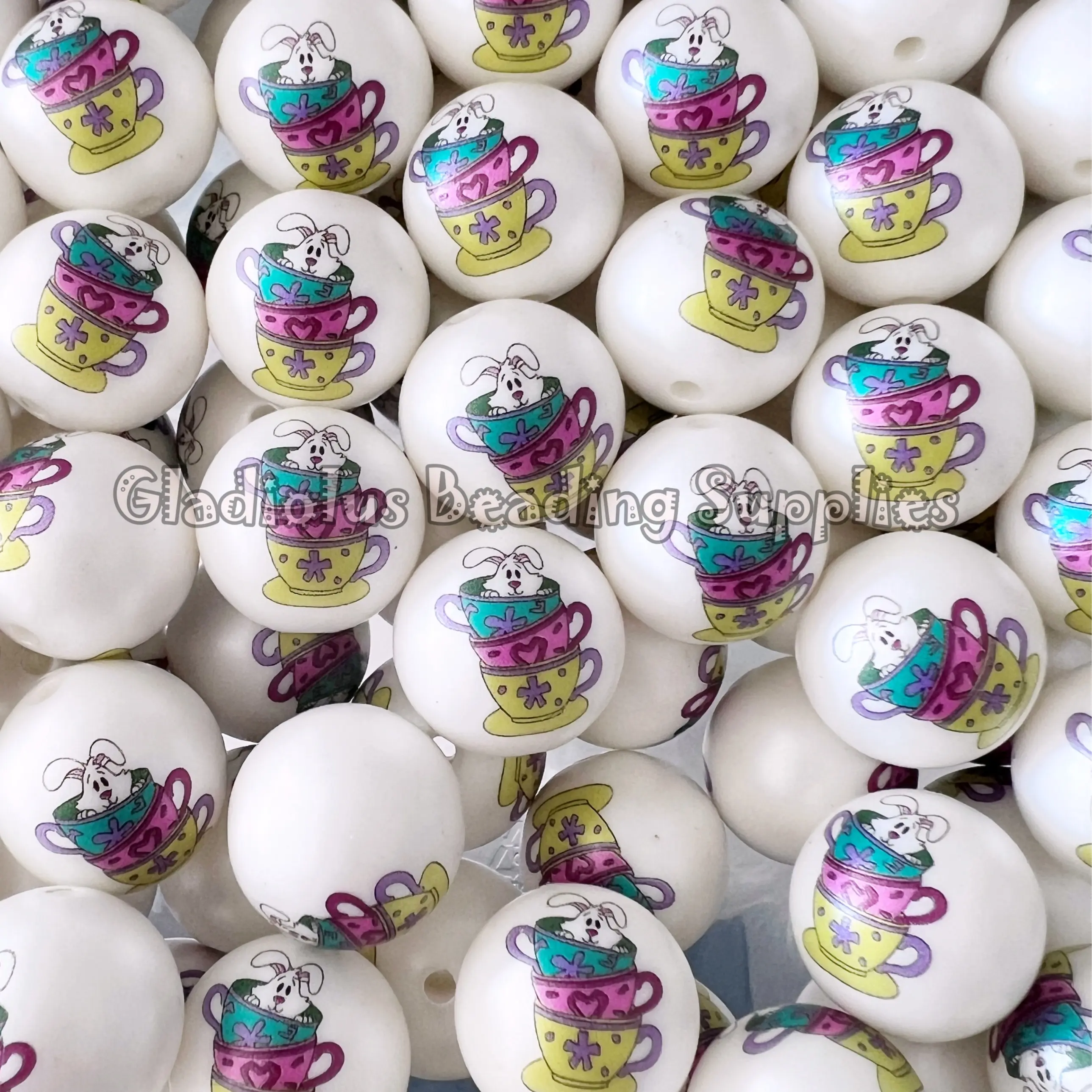 20mm Bunny, Happy Easter Print Acrylic Bead, Easter, Bunny Beads, Bubblegum, Chunky Round, Gumball, Beading Supplies, Spring