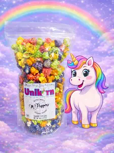 UNIKORN Rainbow Candy Coated Gourmet Popcorn Lemon Orange Strawberry Green Apple Blueberry Grape Fruit Crunchy Coconut Oil Snack Vegan