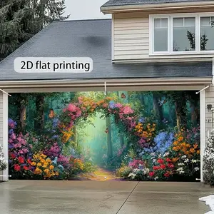 Dream Forest Garage Door Curtain, 2D Flat Print Colorful Floral Butterfly Decorative Curtain, Outdoor Sunshade Shade Curtains