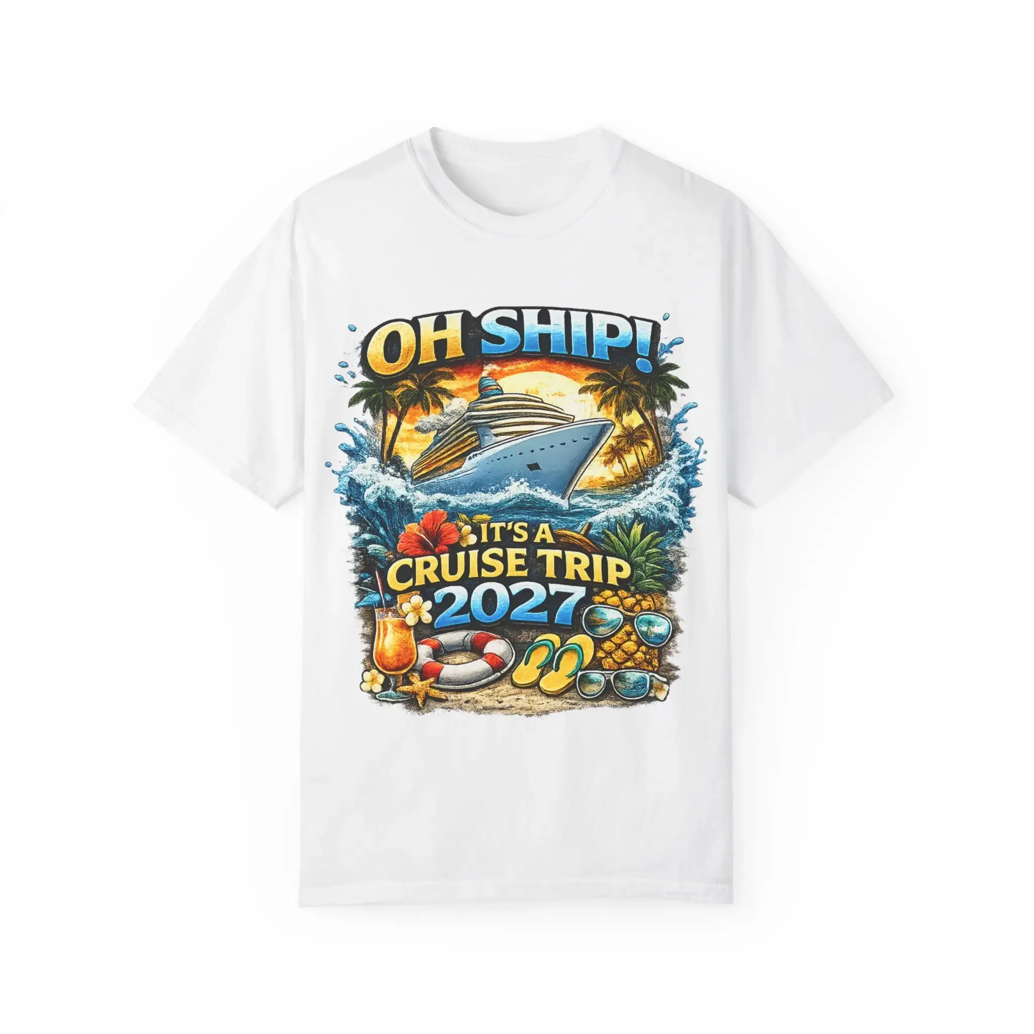 Crew‑neck short‑sleeve top printed with cruise liner, palm‑tree seaside scenery, beach accessories and holiday slogan, tropical travel‑themed unisex everyday shirt