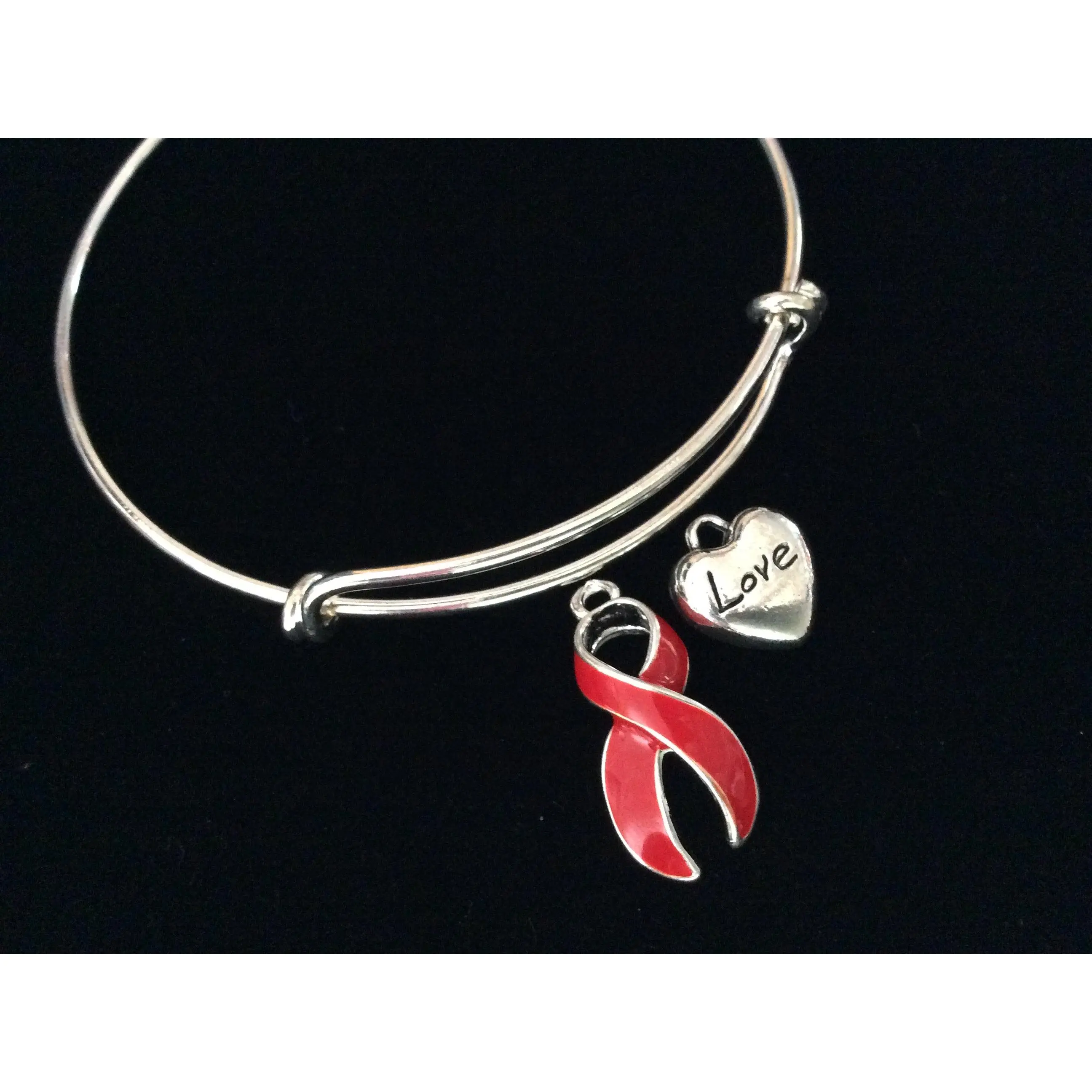 Red Awareness Ribbon Love Heart Charm Adjustable Bracelet Expandable Charm Bracelet Adjustable Bangle Go Red Gift