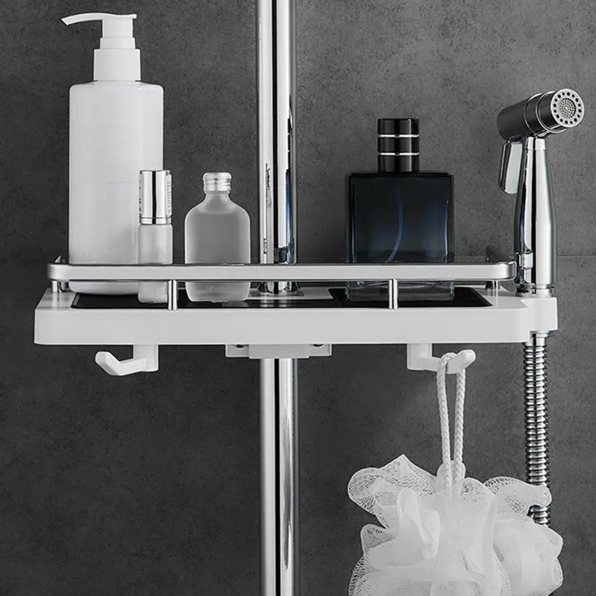 Bathroom shower rack, perforation-free bathroom shower bar tray, household, multi-functional bathroom shower bar rack with hook, easy to remove shower tray, bathroom towel hook for bath ball storage, bathroom storage good things