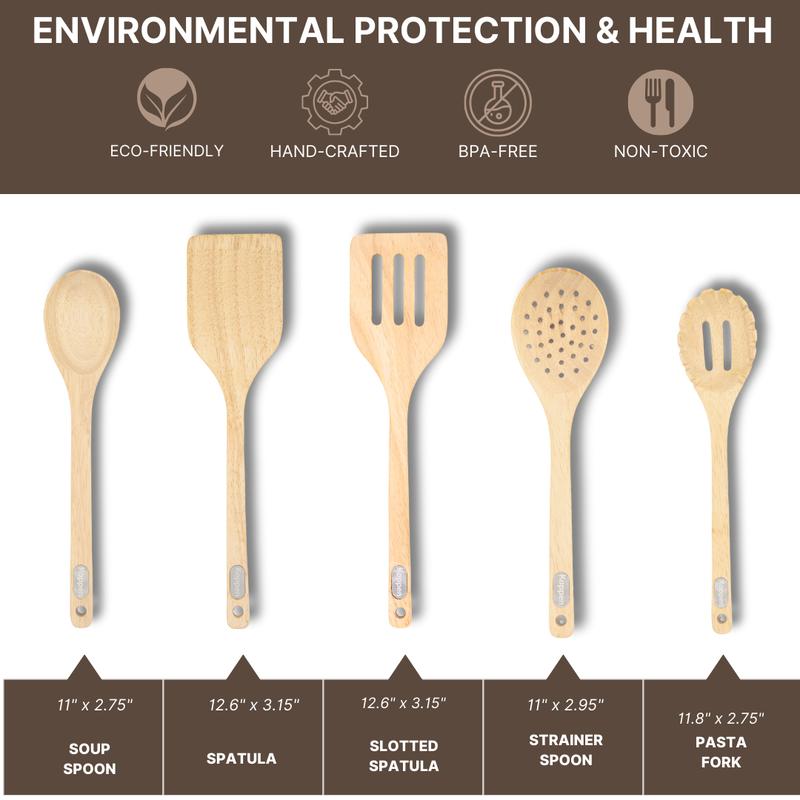 Koppen 5-Piece Premium Wooden Cooking Utensil Set – Eco-Friendly, Durable Rubberwood, Ergonomic, Non-Toxic & Pan-Safe Kitchen Tools
