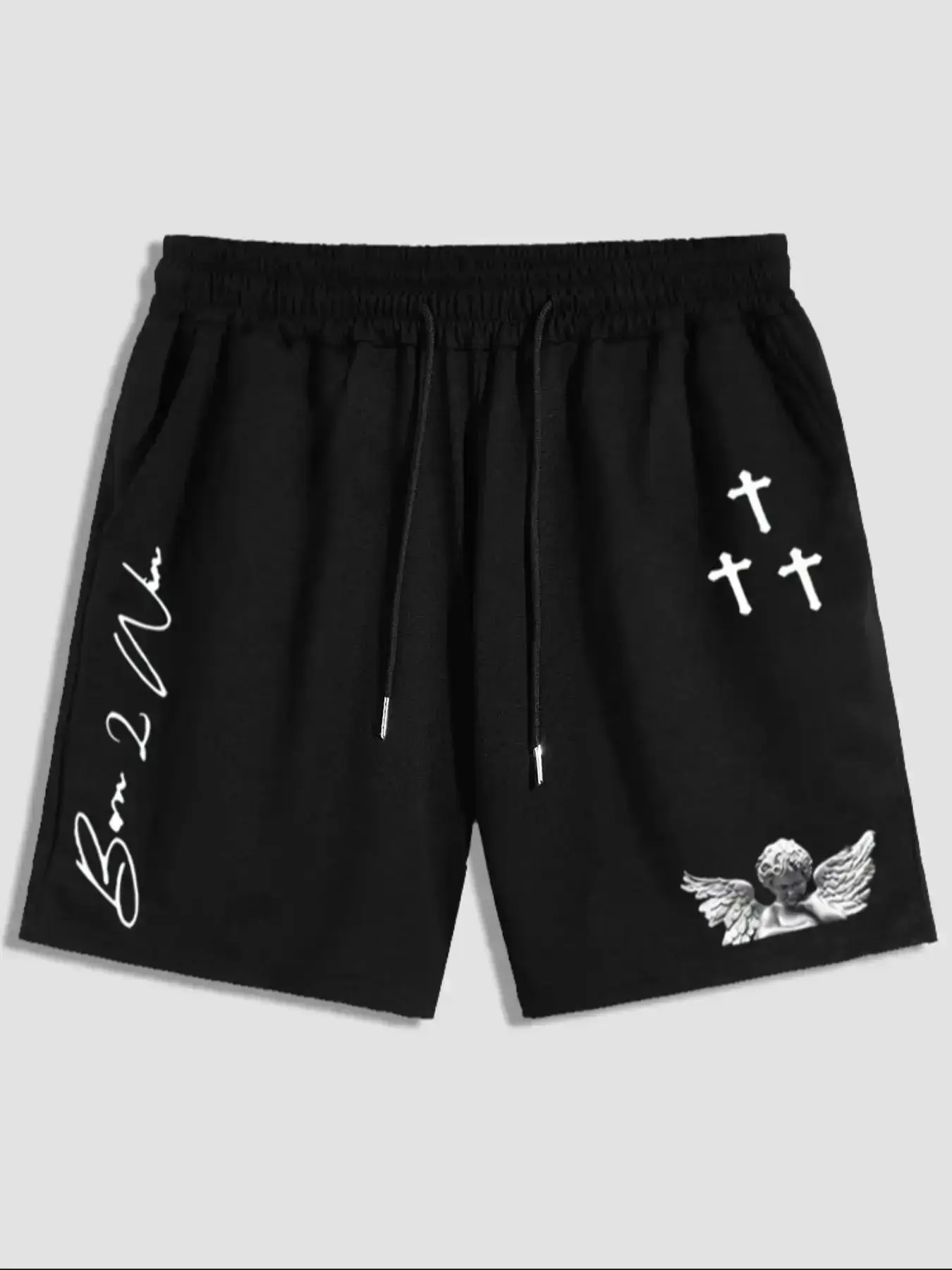 Men's Cross Letter Print Drawstring Waist Shorts, Casual Regular Fit Pocket Straight Leg Shorts for Summer, Summer Outfits, Fashion Men's Bottoms for