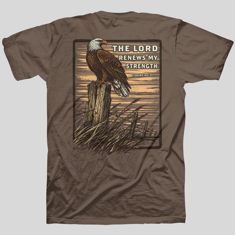 Kerusso Christian Men's Classic Short-Sleeve Cotton T-Shirt - Brown Savanna, Round Neck, Renewed Eagle Print, Nature-Inspired, Text Quote, Breathable Fabric, Casual Layer, Faith-Based Encouragement, All Seasons, Classic Everyday Fit