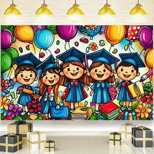 2D Flat Banner, 1pc Kindergarten Graduation Celebration Backdrop - Vivid Decoration with Balloons, Flowers, and Happy Students Wearing Hats - Ideal for Home, Party, and Studio Props, Holiday Party Background | Pleasant Design | Durable