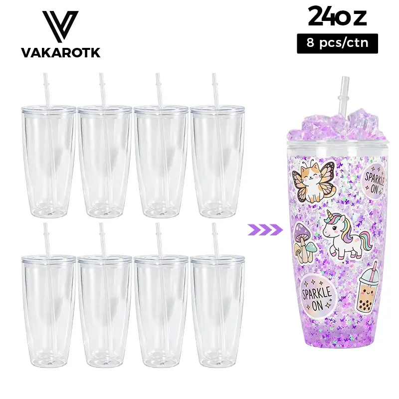 VAKAROTK 8/16 PCS 24 oz Double Wall Plastic Fat Wide Acrylic Snow Globe Tumbler Cup with Straws, Lids, Pre-Drilled Holes and Plugs - Ideal for DIY Drinkware