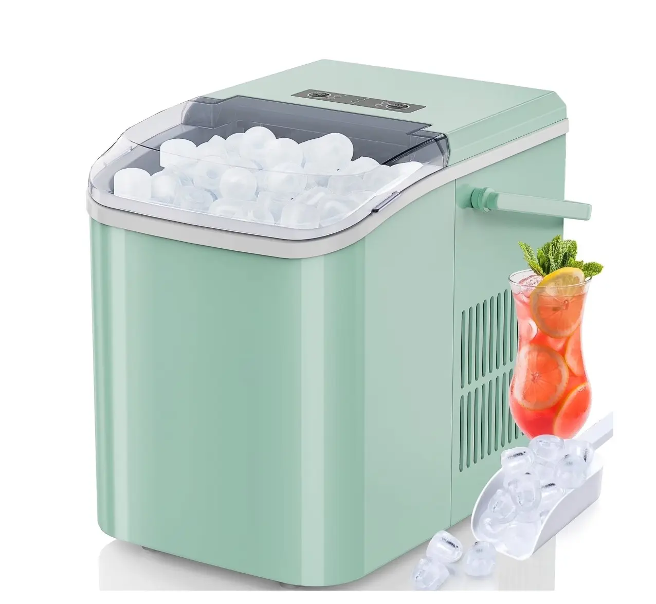 Countertop Ice Maker, Self-Cleaning Portable Ice Maker Machine with Handle and Ice Scoop, Bullet Ice Cubes, 9Pcs/6Min 26.5Lbs/24H for Home/Kitchen/Bar/Party, Green