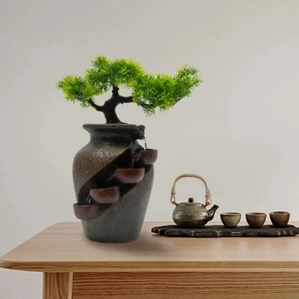 Modern Brown Minimalist Countertop Mini Waterfall Fountain - Corded Indoor Fortune Water Feature, Home Decor, Festival Gift, Ornaments, Indoor Decor, Table Mount, 16.3*17*22Cm