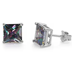 925 Sterling Silver Stud Earrings Rainbow Topaz CZ Princess Cut (5mm)