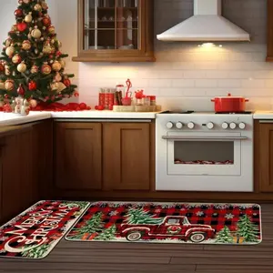 Xmas Kitchen Rugs Farmhouse Truck Red Buffalo Plaid Christmas Decorations Set of 2 for Home Indoor Bathroom