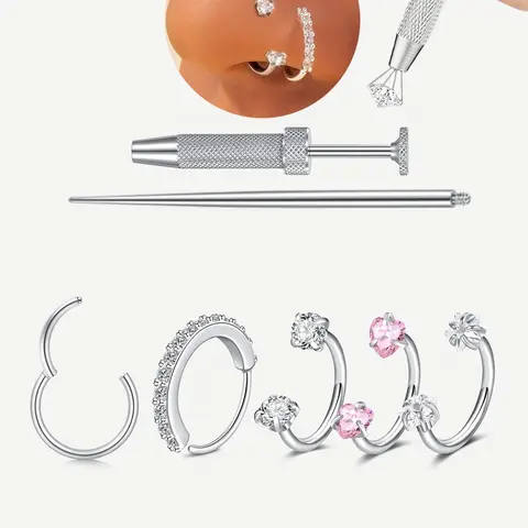Stainless Steel CZ Nose Ring, Spiral Nose Ring, Horseshoe Shape, 8mm Internal Threaded Piercing Jewelry, Unisex Body Jewellery