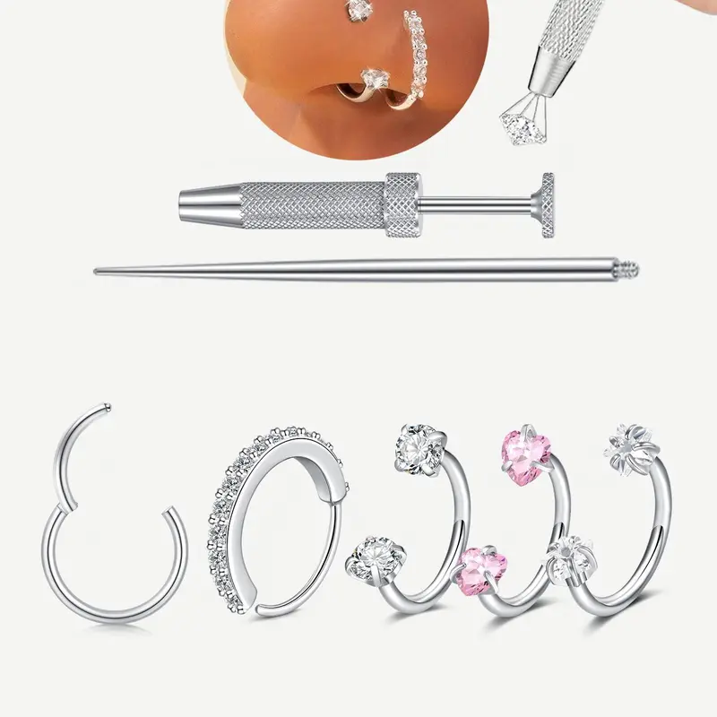 Stainless Steel CZ Nose Ring, Spiral Nose Ring, Horseshoe Shape, 8mm Internal Threaded Piercing Jewelry, Unisex Body Jewellery