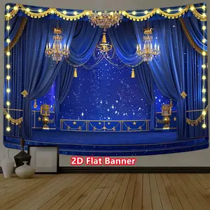 1pc Royal Blue 2D Photography Backdrop Cloth - Elegant Party Photo Background with Golden Chandeliers & Stars, Perfect for Studio Props, Events, and Decorations, Polyester Material, No Power Needed, Photography B