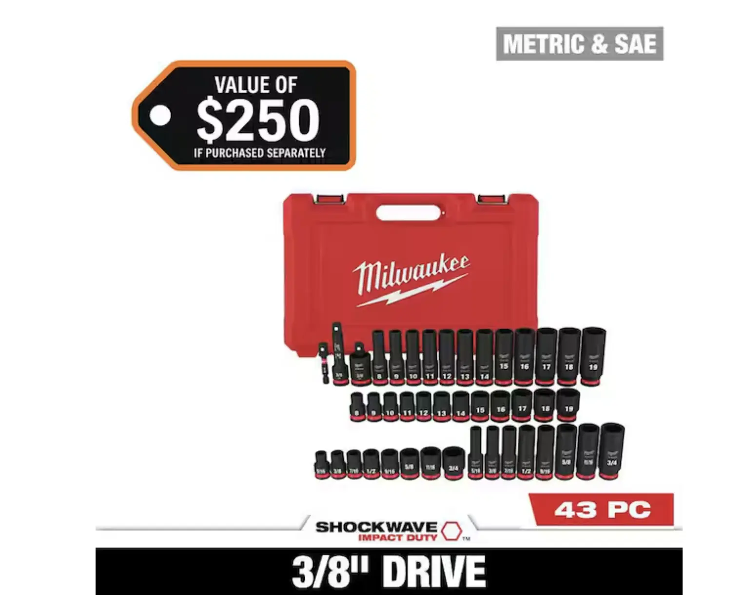 (49-66-7009) Milwaukee 3/8" 43 PC Metric & SAE Socket Set