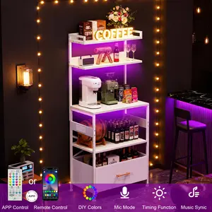 Baker Rack with Power Outlet and USB Ports, 5-Tier Microwave Stand with Storage Drawer, Large Coffee Bar Station with LED Light and Hooks, Industrial Metal Kitchen Shelf for Spices and Pots, White, 16.7×23.6×62 Inches