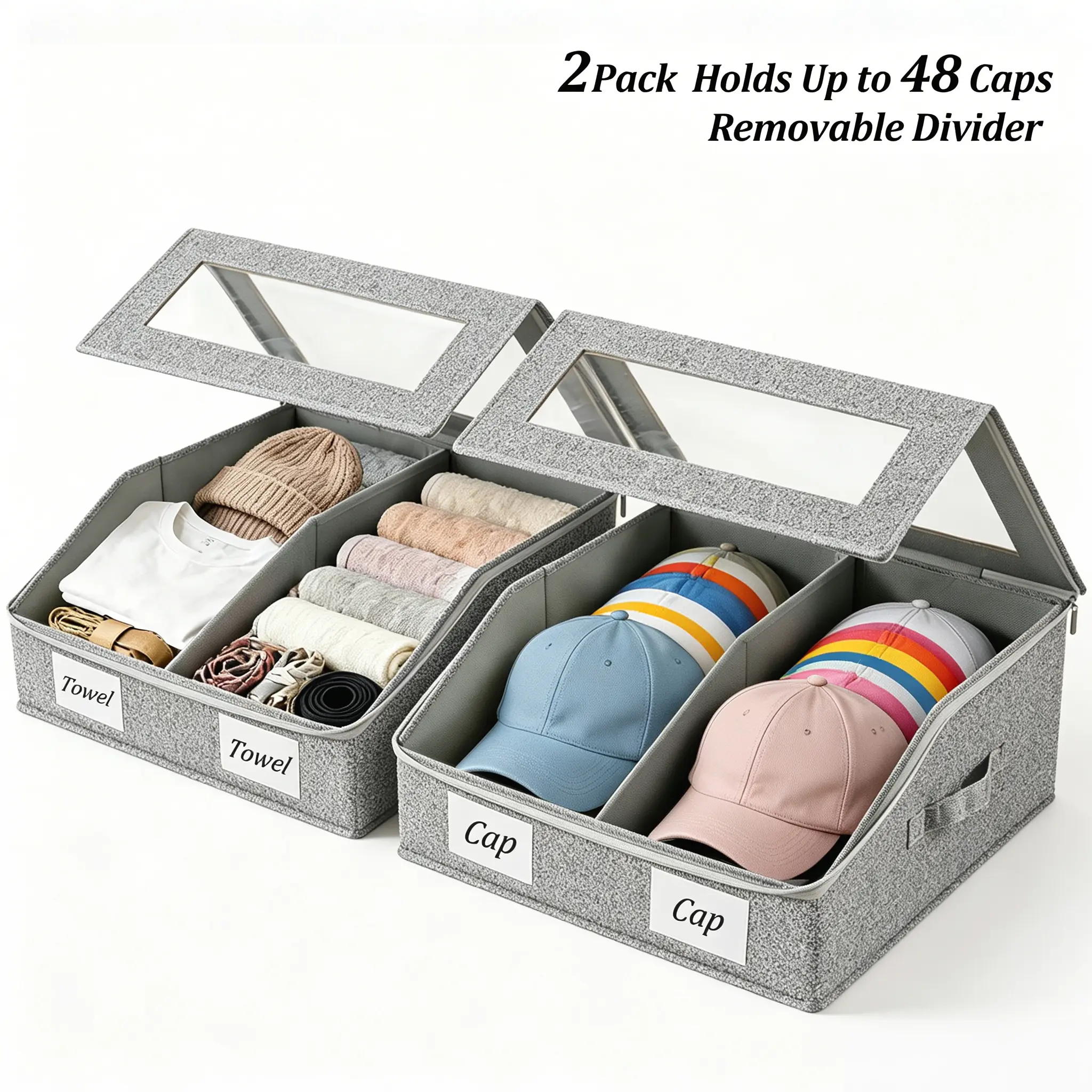 Large Hat Storage for Baseball Caps, Holds Up to 24-48 Caps, Hat Organizer for Closet Stackable Hat Box with Cardboard, Dustproof, Removable Velcro Divider, Baseball Cap Organizer with 2 Handles, Cowboy Hats, Wardrobe Organizer, ADHD Organizer