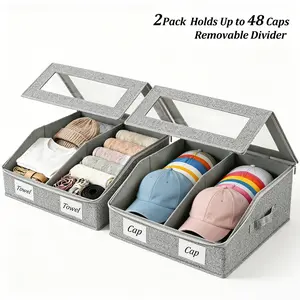 Large Hat Storage for Baseball Caps, Holds Up to 24-48 Caps, Hat Organizer for Closet Stackable Hat Box with Cardboard, Dustproof, Removable Velcro Divider, Baseball Cap Organizer with 2 Handles, Cowboy Hats, Wardrobe Organizer, ADHD Organizer
