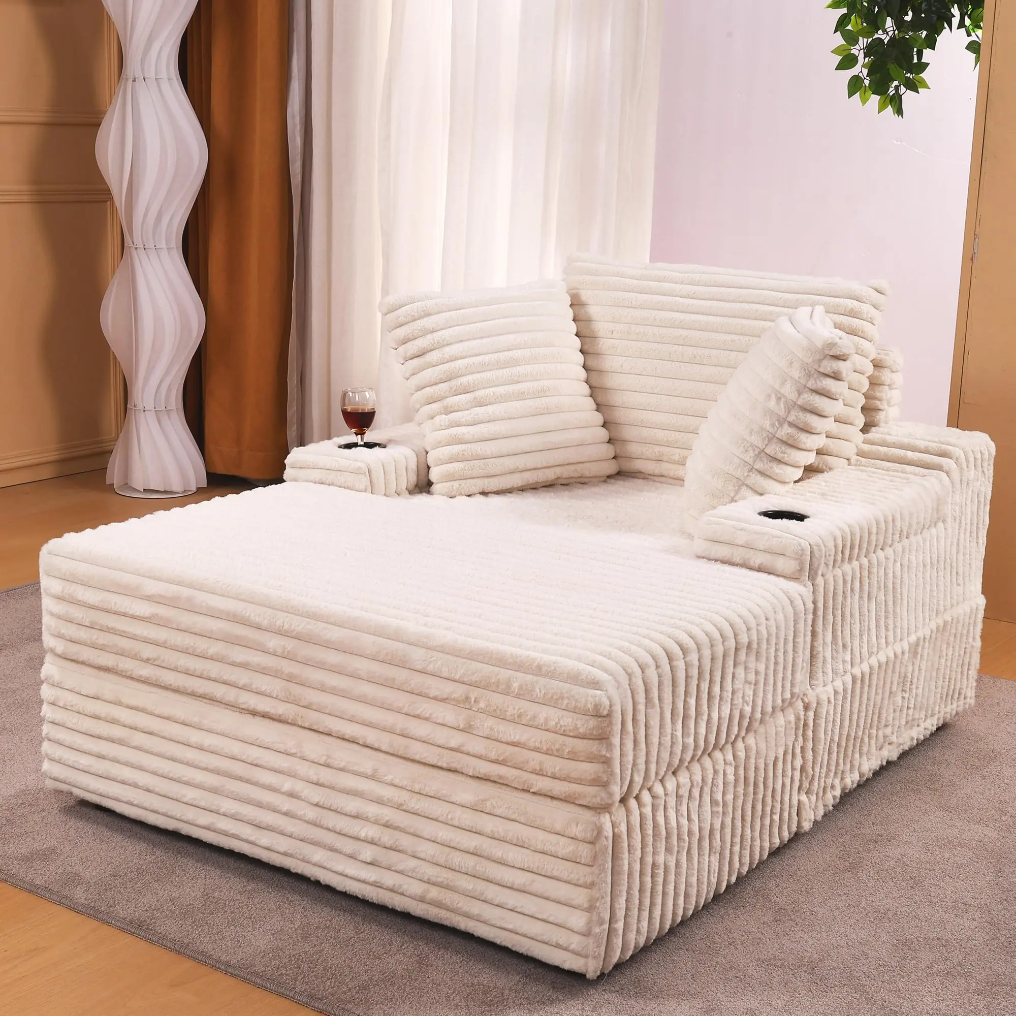 Modern Indoor Corduroy Chaise Lounge with Ottoman, Throw Pillows, Armrests, Storage, Cupholder, Comfy Reclining Deep Seat Sofa Bed for Living Room Reading