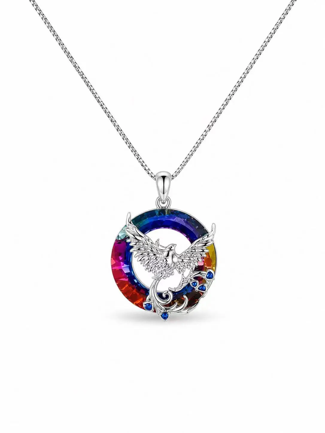 Sterling Silver Rainbow Phoenix Crystal Necklace