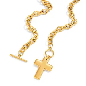 18K Gold-Tone Stainless Steel Cross Pendant Toggle Necklace High-Polished Chain Link Design for Women's Fashion Jewelry