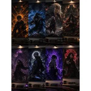 2D Anime Inspired Canvas Painting, Dark Fantasy Ninja Wall Art, Fiery Warrior Canvas Print for Bedroom Living Room Gaming Room Decor
