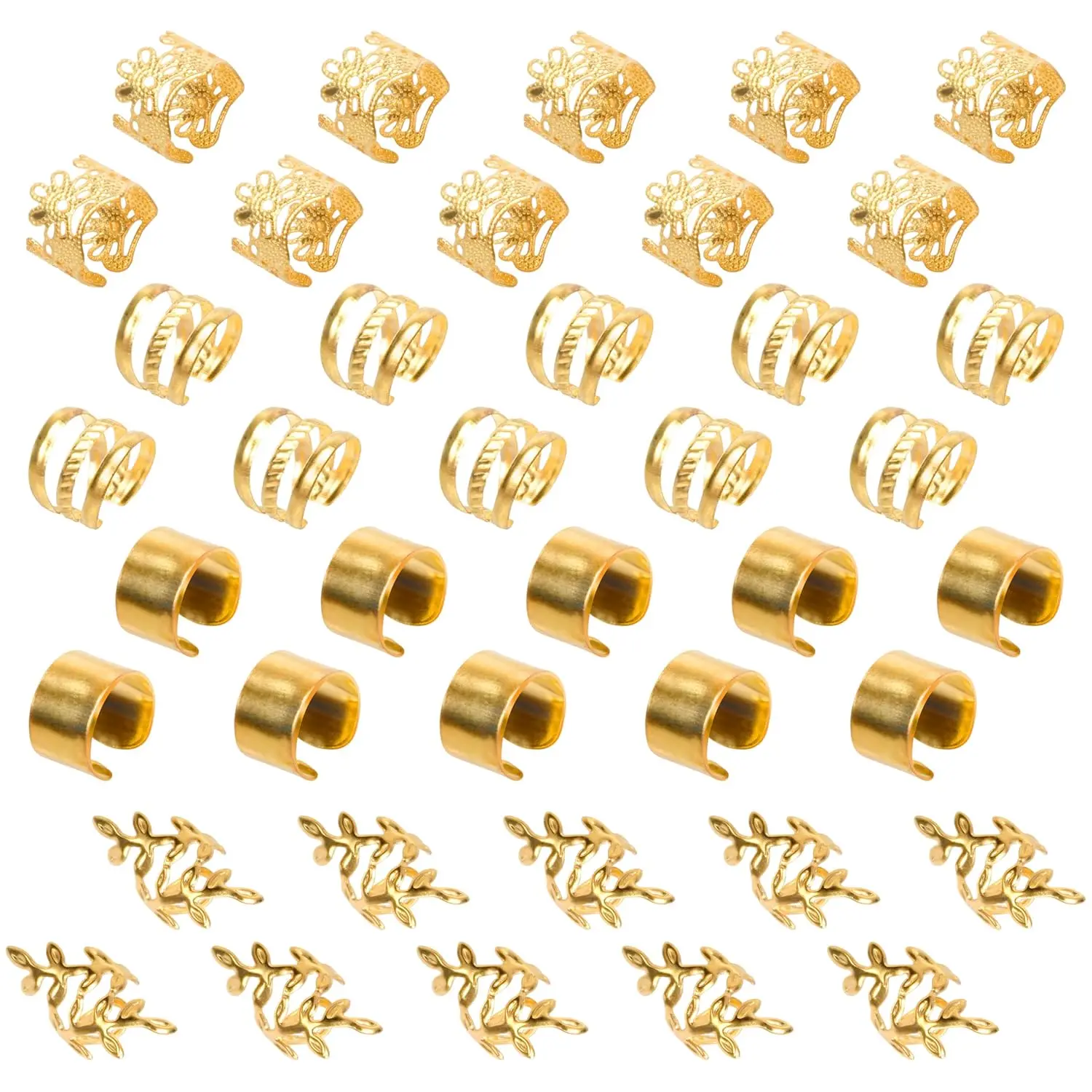 40PCS Gold Non-Piercing Unisex Hair Braid Cuffs - Versatile Hair Jewelry for Passion Twist, Dreadlock Beads, Ear Clips, Crochet Braids, Beard Styling