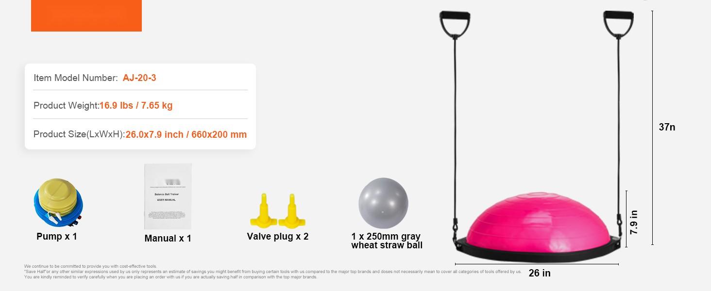 Half Exercise Ball Trainer, 26-Inch Balance Ball, 1500 Lbs Capacity Stability Ball, Yoga Ball With Resistance Bands And Foot Pump, Full Body Home Gym Workout Equipment, Anti-Slip Non-Toxic PVC, Pink