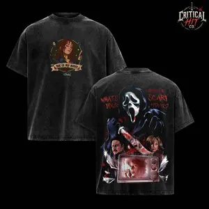 Ghostface Scream Vintage Washed Oversized T-Shirt, What's Your Favorite Scary Movie Graphic Tee, Heavyweight Cotton Horror Streetwear, Double Printed Slasher Movie Merch, Retro Halloween Y2K Fashion Top, Unisex Horror Fan Gift