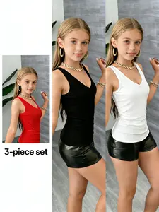 3-Pack Teenage Solid Color Fashion V-Neck Basic Tank Tops, Girls' Strappy Backless Tees, Casual Daily Wear, Elegant Style