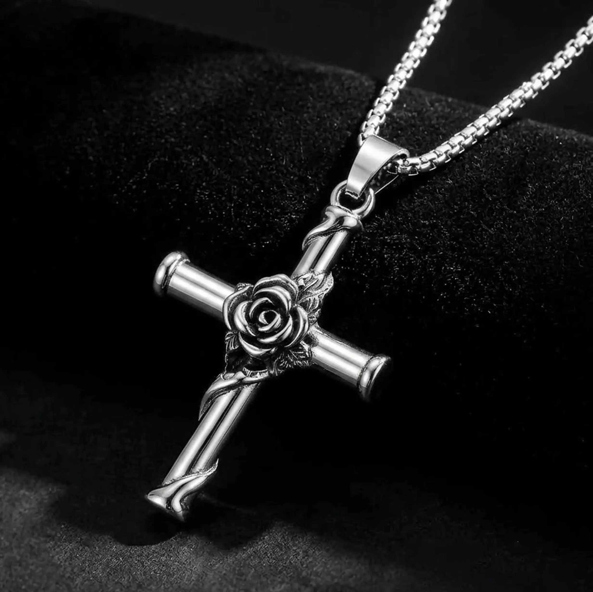 Stainless Steel Rose Cross Pendant Necklace for Men Women, Vintage Gothic Floral Cross Chain Necklace, Retro Religious Cross Rose Jewelry Gif