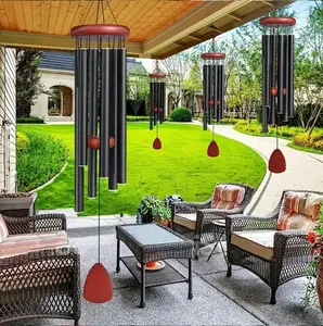1pc Deep Tuned Black Aluminum Wind Chime With Red Decor & 6 Alloy Tubes, No Power Needed, Hanging Hook Included, Patriotic Memorial Style, Ideal For Garden Patio Yard Home Wall Room Decor, Perfect For Holiday Party Birthday Graduation Gifts