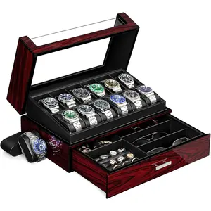Watch Box for Men 12 Slots Watch Case with Glass Lid 2 Layers  Watch Holder  and Watch Storage Faux Leather Lining Elegant Present or Men Women UJWB005Y